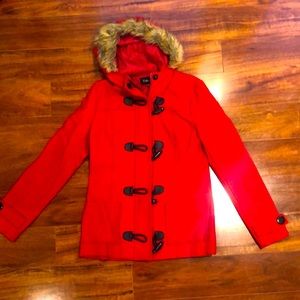 Red zip up coat with buttons with fur hood